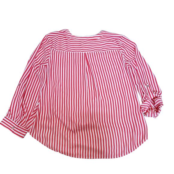 Chicos Blouse Womens Size 2 Large Tie Front Roll Tab Vee Neck Coral White Stripe - Picture 9 of 16